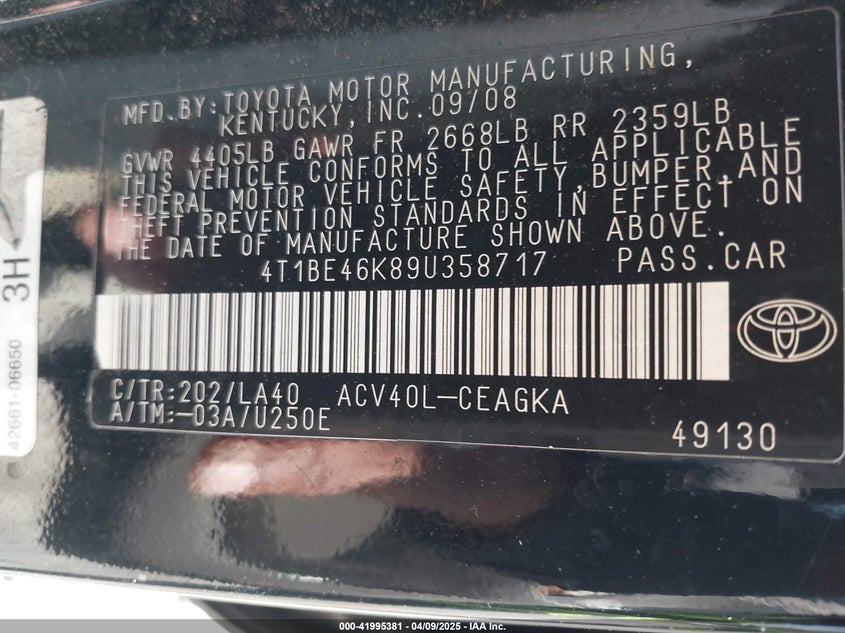 2009 TOYOTA CAMRY VIN: 4T1BE46K89U358717