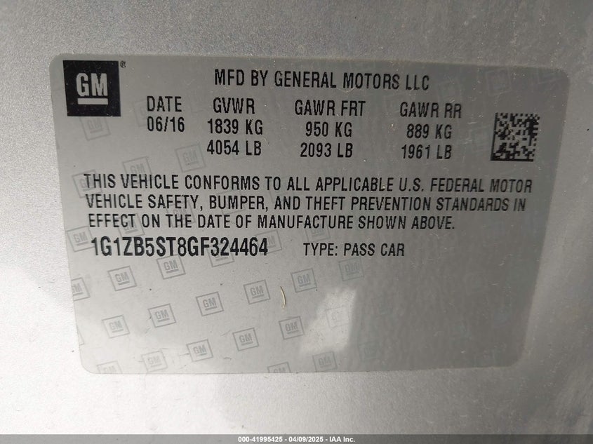 2016 CHEVROLET MALIBU VIN: 1G1ZB5ST8GF324464