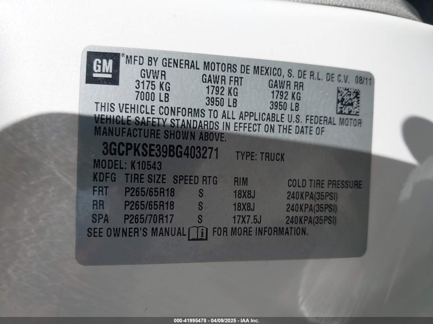 2011 CHEVROLET SILVERADO 1500 VIN: 3GCPKSE39BG403271