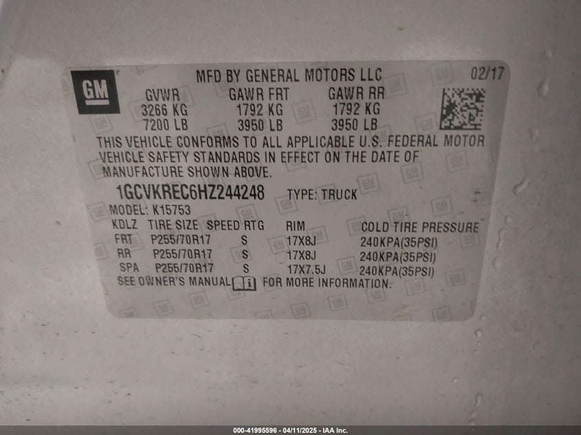2017 CHEVROLET SILVERADO 1500 VIN: 1GCVKREC6HZ244248