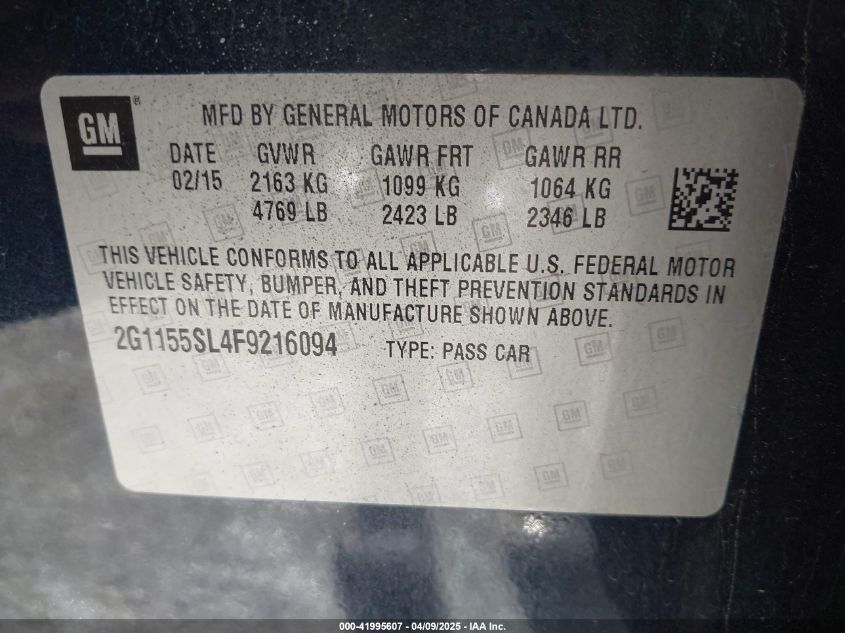 2015 Chevrolet Impala 1Lz VIN: 2G1155SL4F9216094 Lot: 41995607