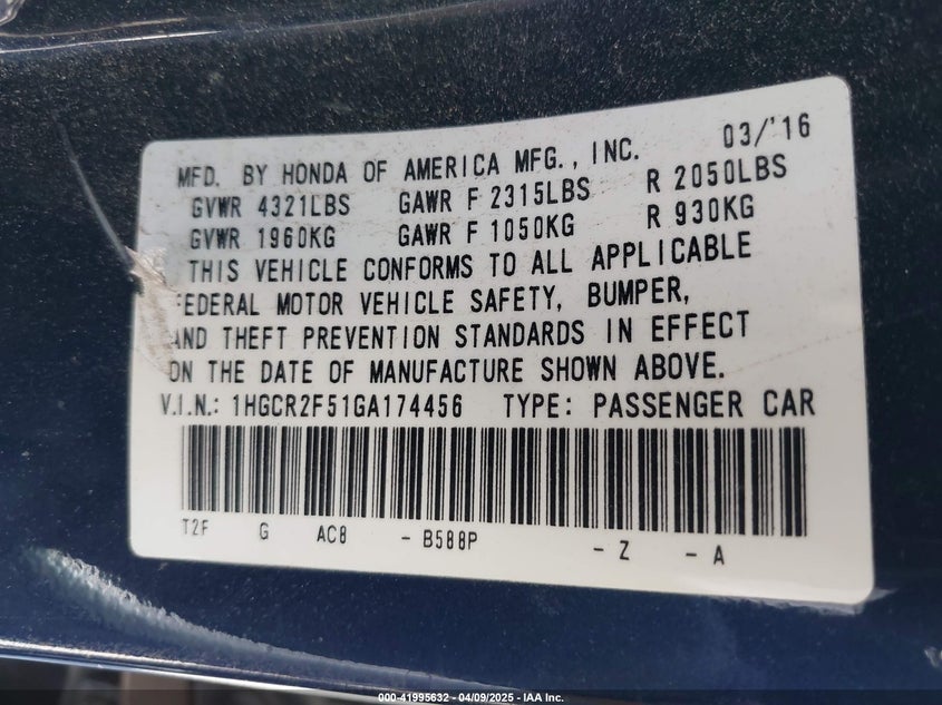 2016 HONDA ACCORD VIN: 1HGCR2F51GA174456