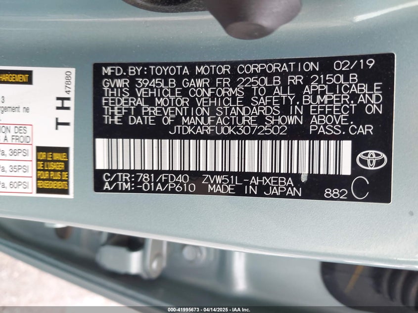 2019 TOYOTA PRIUS VIN: JTDKARFU0K3072502