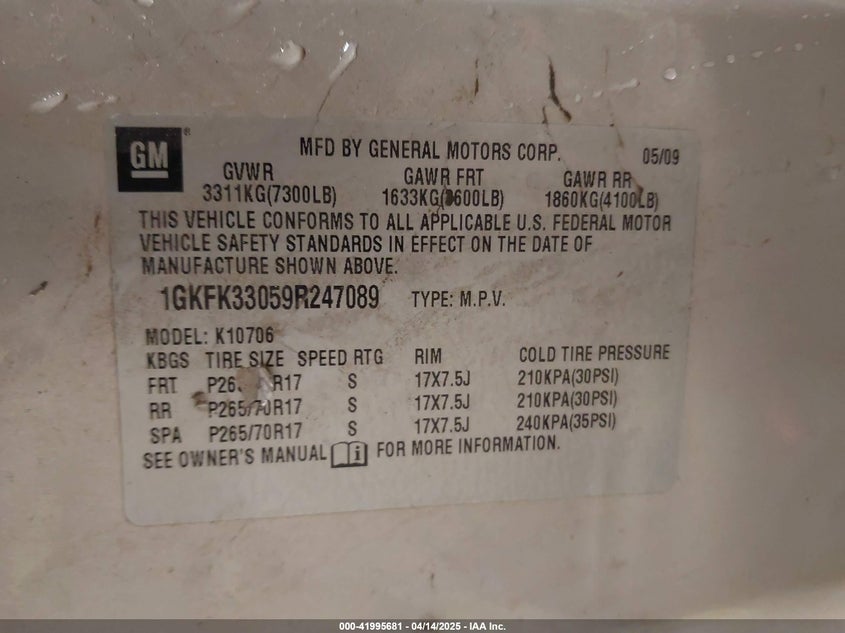 2009 GMC YUKON VIN: 1GKFK33059R247089