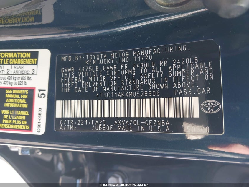 2021 TOYOTA CAMRY LE - 4T1C11AKXMU526906