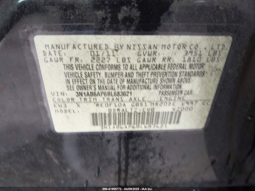 2011 Nissan Sentra 2.0Sr VIN: 3N1AB6AP6BL683621 Lot: 41995772