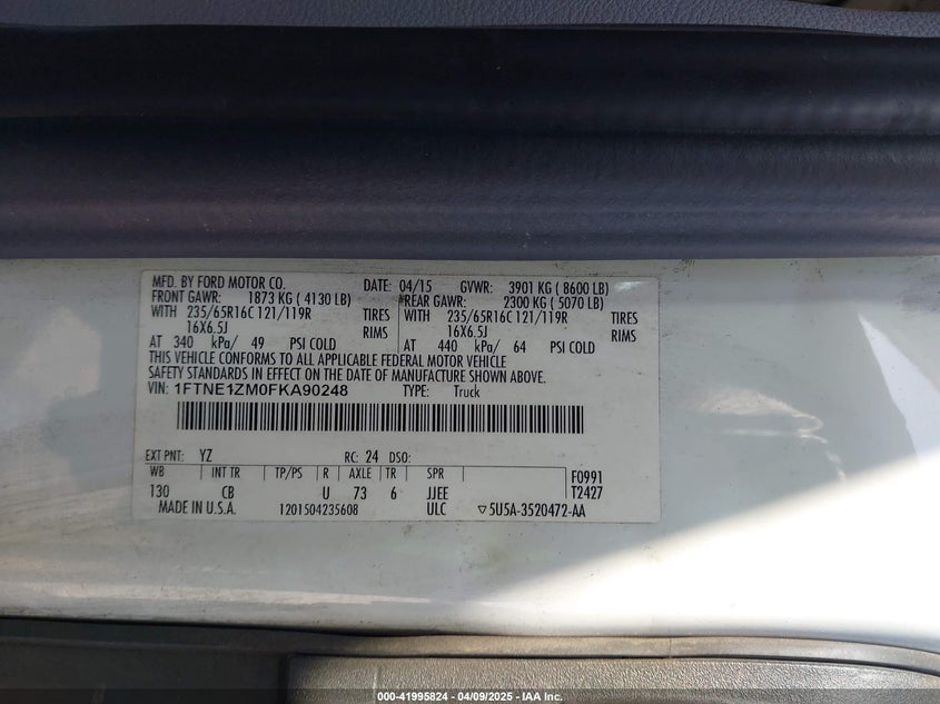 2015 FORD TRANSIT VIN: 1FTNE1ZM0FKA90248