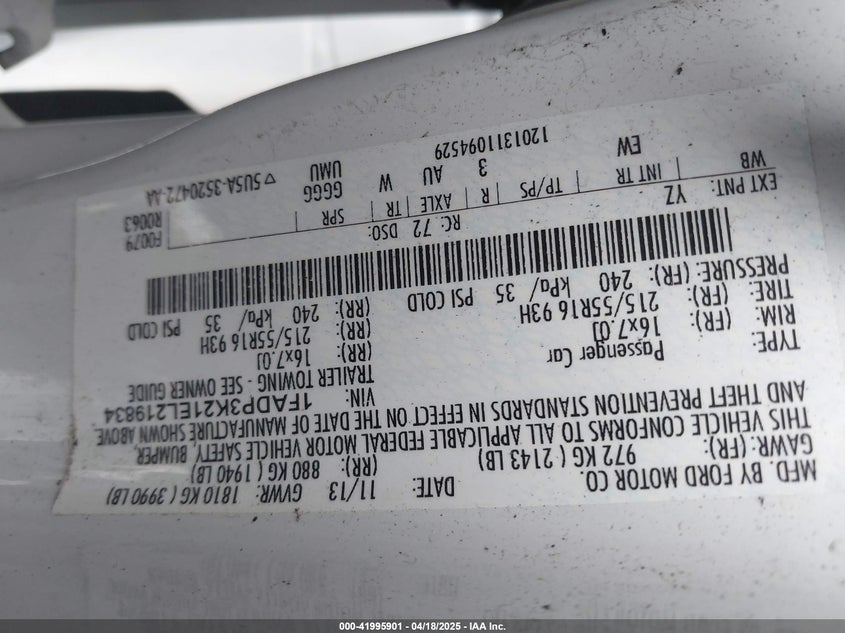 2014 FORD FOCUS VIN: 1FADP3K21EL219834