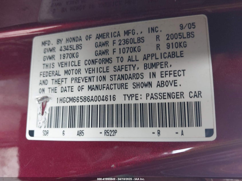 2006 HONDA ACCORD VIN: 1HGCM66586A004616