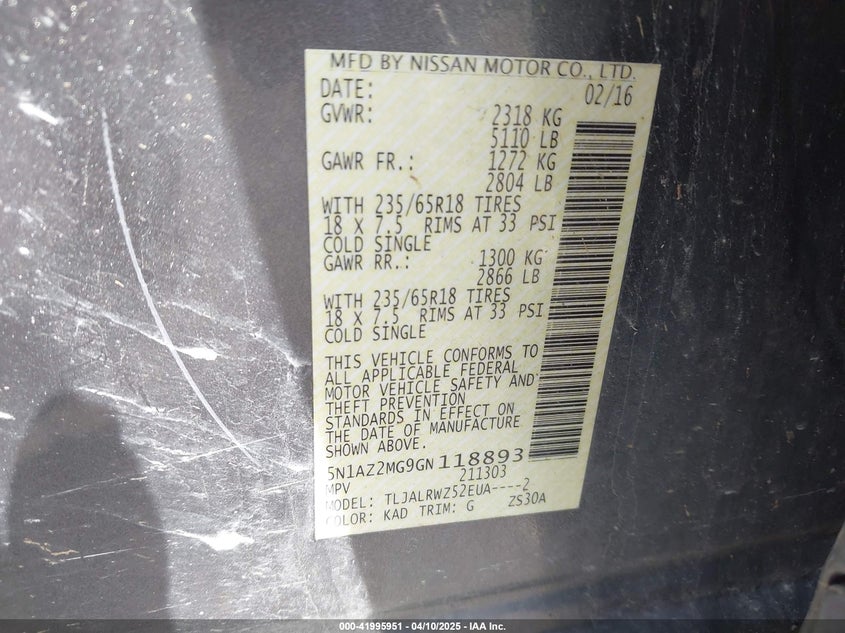 2016 Nissan Murano Sl VIN: 5N1AZ2MG9GN118893 Lot: 41995951