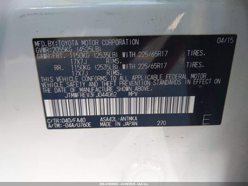 2015 TOYOTA RAV4 VIN: JTMWFREV3FJ044062
