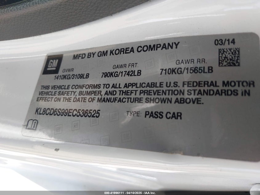 2014 CHEVROLET SPARK VIN: KL8CD6S99EC536525