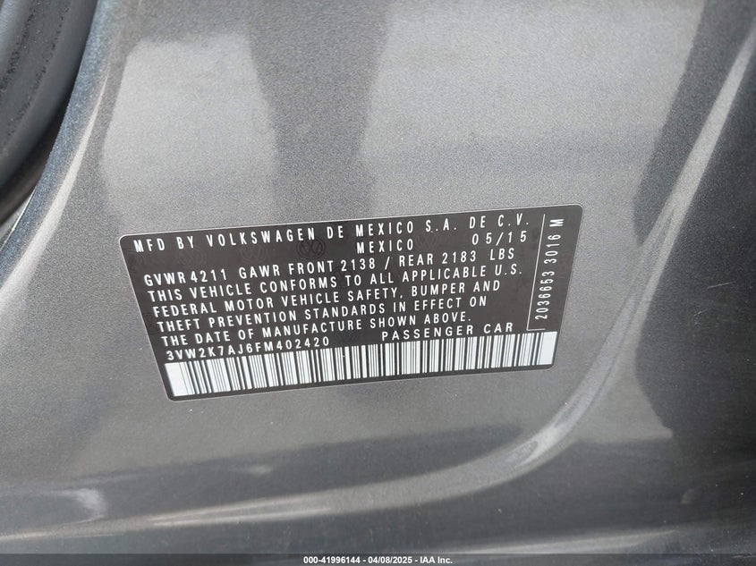 2015 VOLKSWAGEN JETTA 2.0L S - 3VW2K7AJ6FM402420