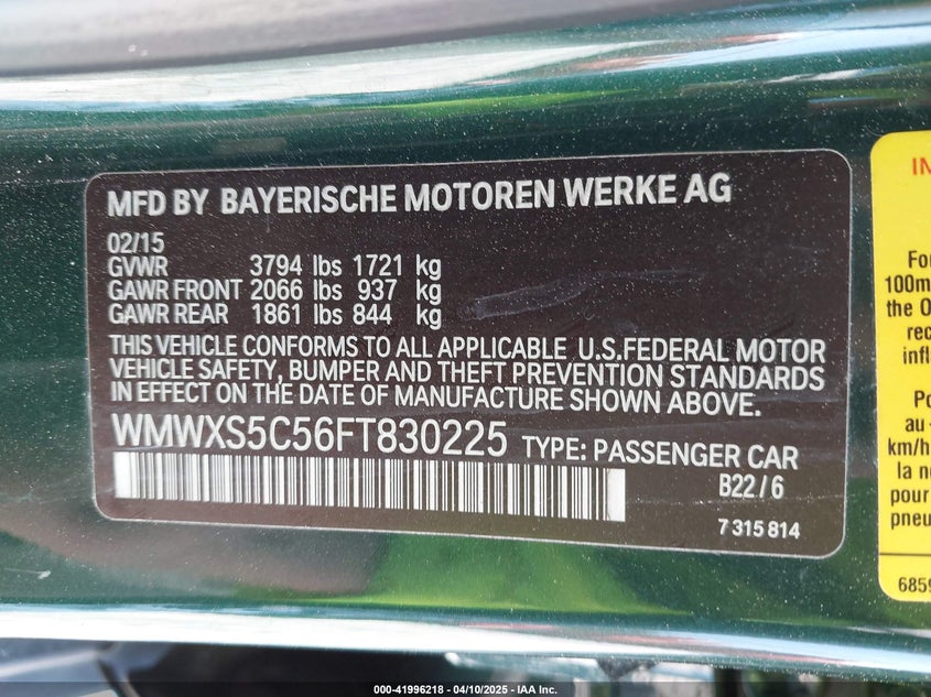 2015 MINI HARDTOP VIN: WMWXS5C56FT830225