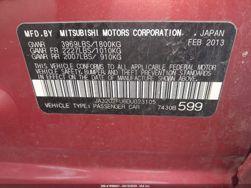 2013 Mitsubishi Lancer Es VIN: JA32U2FU6DU023105 Lot: 41996401