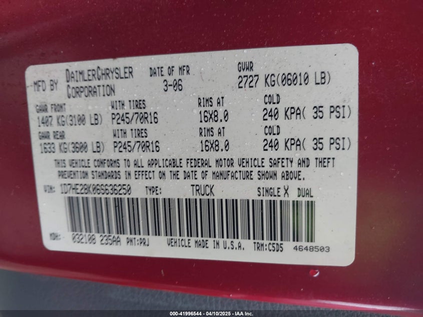 2006 DODGE DAKOTA VIN: 1D7HE28K06S636250