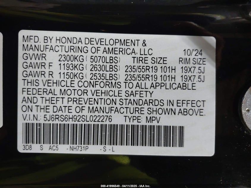 2025 HONDA CR-V HYBRID VIN: 5J6RS6H92SL022276