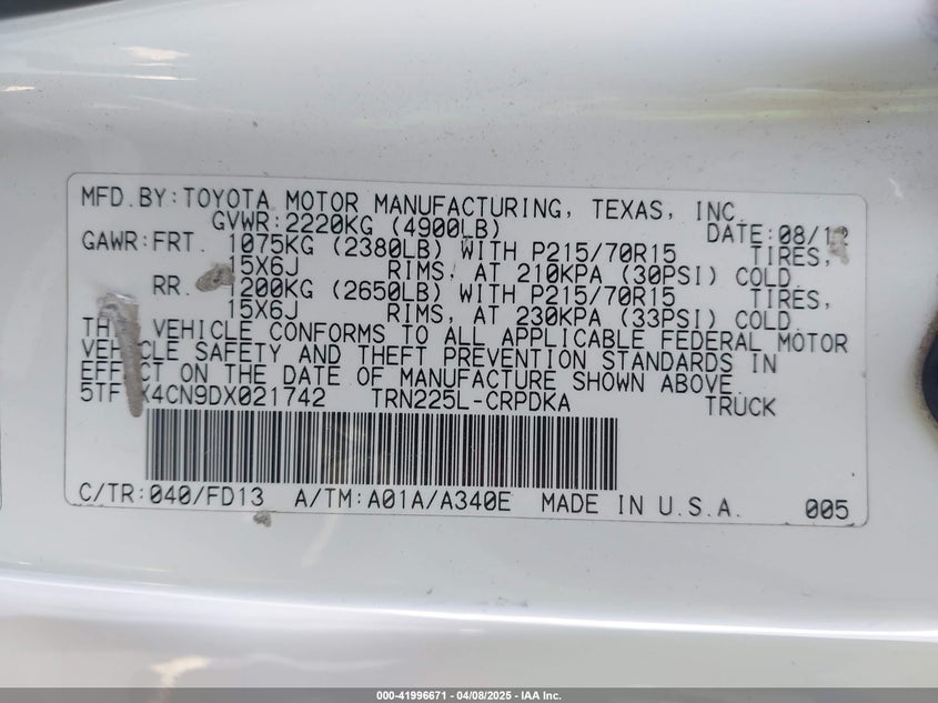 2013 TOYOTA TACOMA VIN: 5TFTX4CN9DX021742