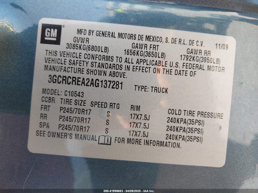 2010 CHEVROLET SILVERADO 1500 VIN: 3GCRCREA2AG137281