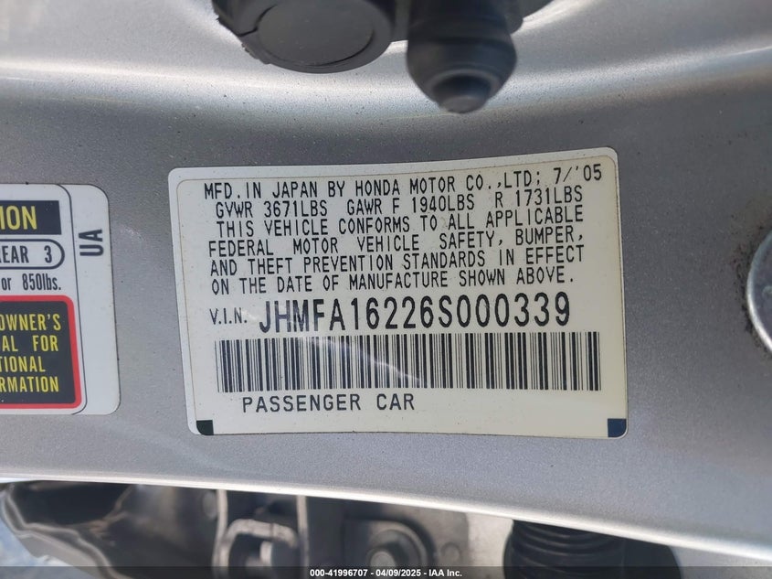 2006 HONDA CIVIC VIN: JHMFA16226S000339