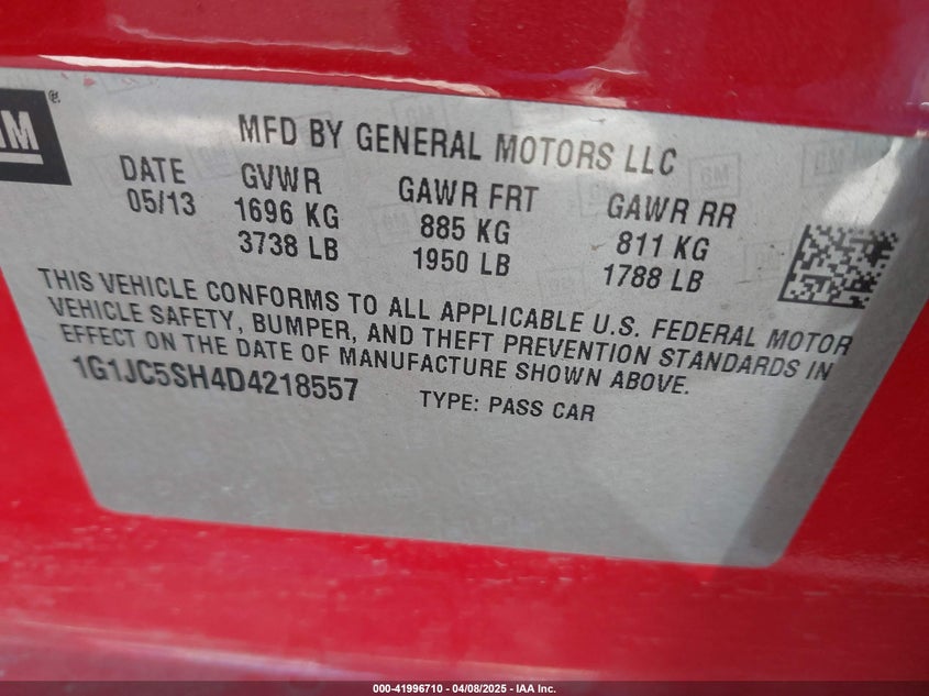 2013 CHEVROLET SONIC VIN: 1G1JC5SH4D4218557