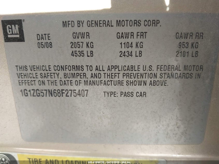 2008 CHEVROLET MALIBU VIN: 1G1ZG57N68F275407