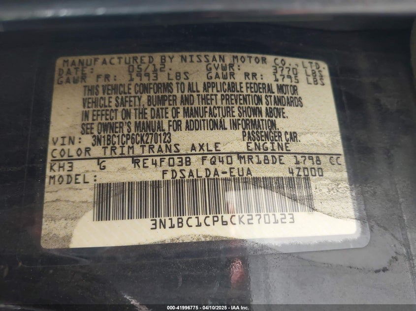 2012 NISSAN VERSA VIN: 3N1BC1CP6CK270123