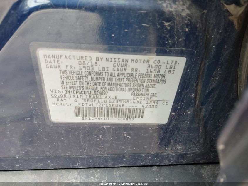 2018 Nissan Kicks Sr VIN: 3N1CP5CU1JL524897 Lot: 41996916