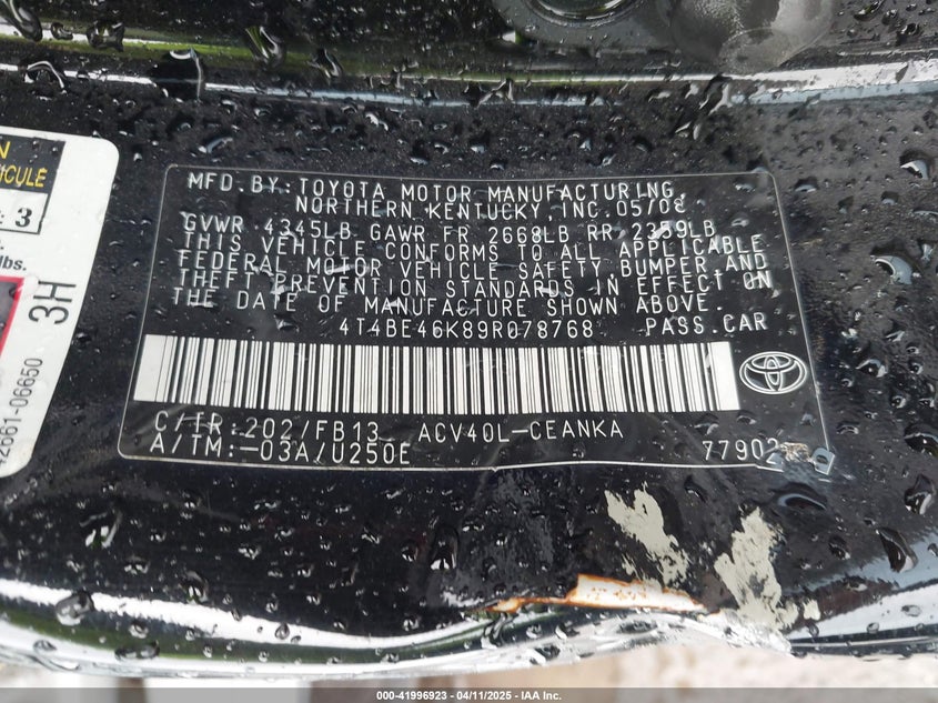 2009 TOYOTA CAMRY VIN: 4T4BE46K89R078768