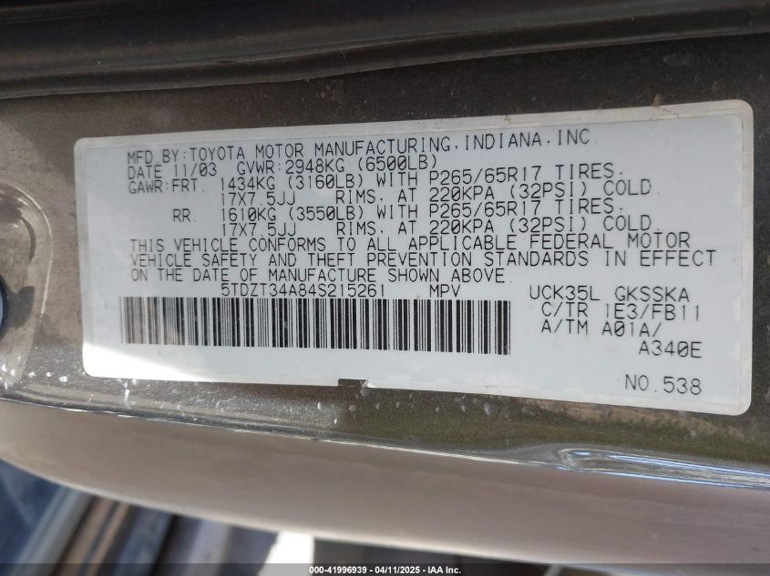 2004 Toyota Sequoia Sr5 V8 VIN: 5TDZT34A84F215261 Lot: 41996939