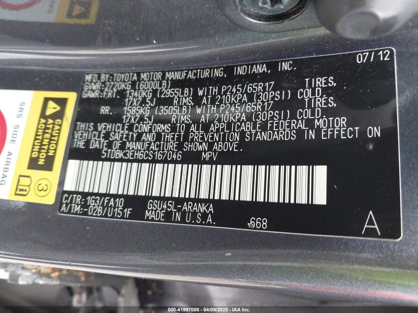 2012 TOYOTA HIGHLANDER VIN: 5TDBK3EH6CS167046