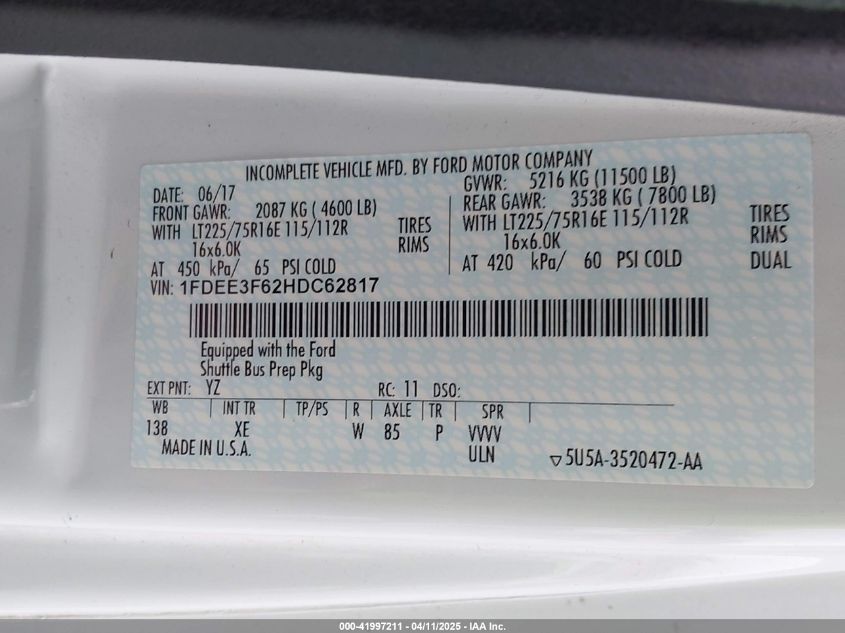 2017 Ford E-350 Cutaway VIN: 1FDEE3F62HDC62817 Lot: 41997211