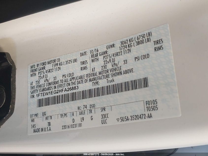 2017 Ford F-150 Limited VIN: 1FTEW1EG2HFA26883 Lot: 41997272