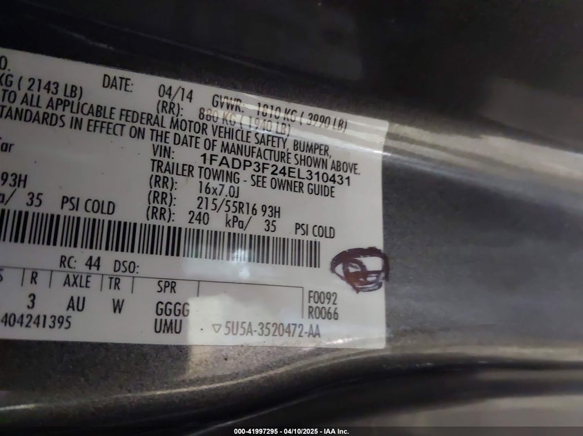 2014 FORD FOCUS VIN: 1FADP3F24EL310431