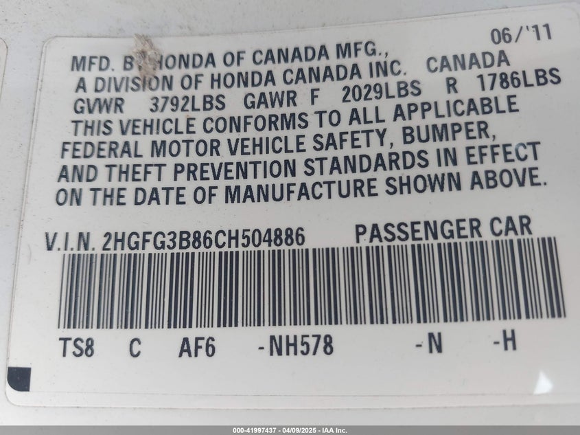 2012 HONDA CIVIC VIN: 2HGFG3B86CH504886