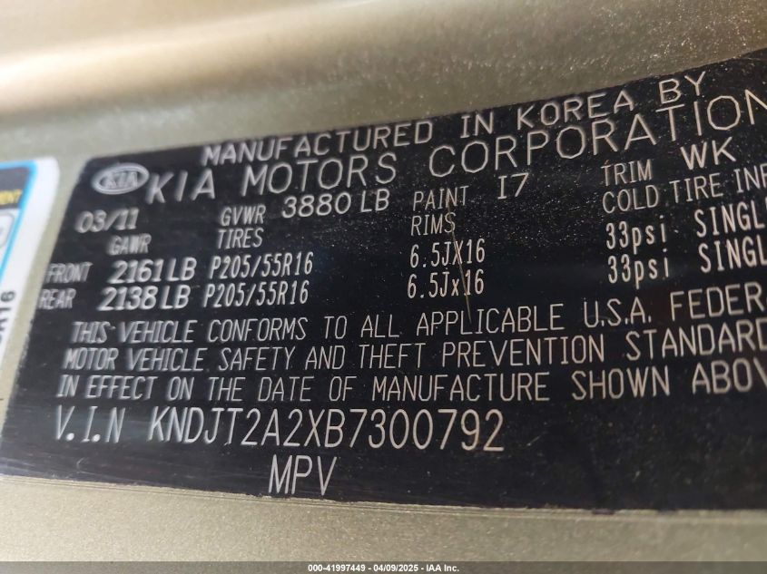 2011 Kia Soul + VIN: KNDJT2A2XB7300792 Lot: 41997449