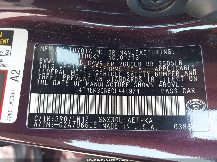 2012 TOYOTA AVALON VIN: 4T1BK3DB6CU446971