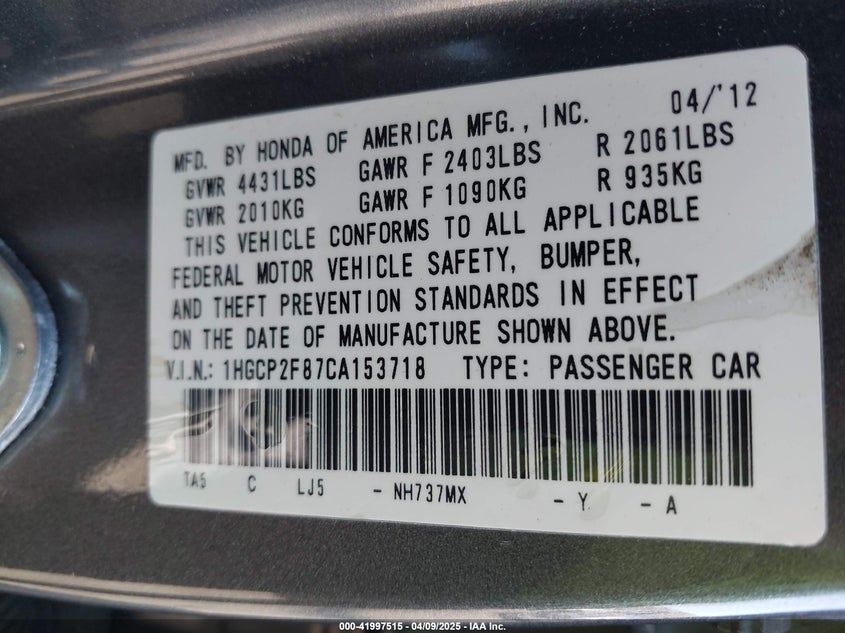 2012 HONDA ACCORD VIN: 1HGCP2F87CA153718