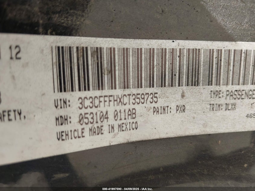 2012 FIAT 500 VIN: 3C3CFFFHXCT359735