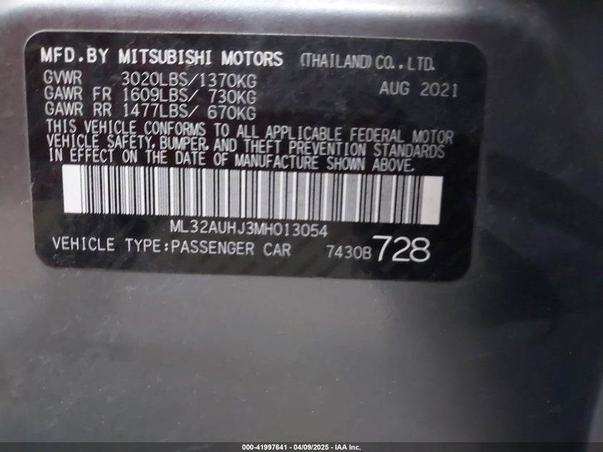 2021 MITSUBISHI MIRAGE VIN: ML32AUHJ3MH013054
