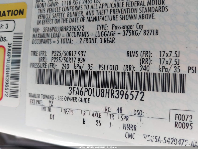 VIN 3FA6P0LU8HR396572 2017 FORD FUSION HYBRID SE