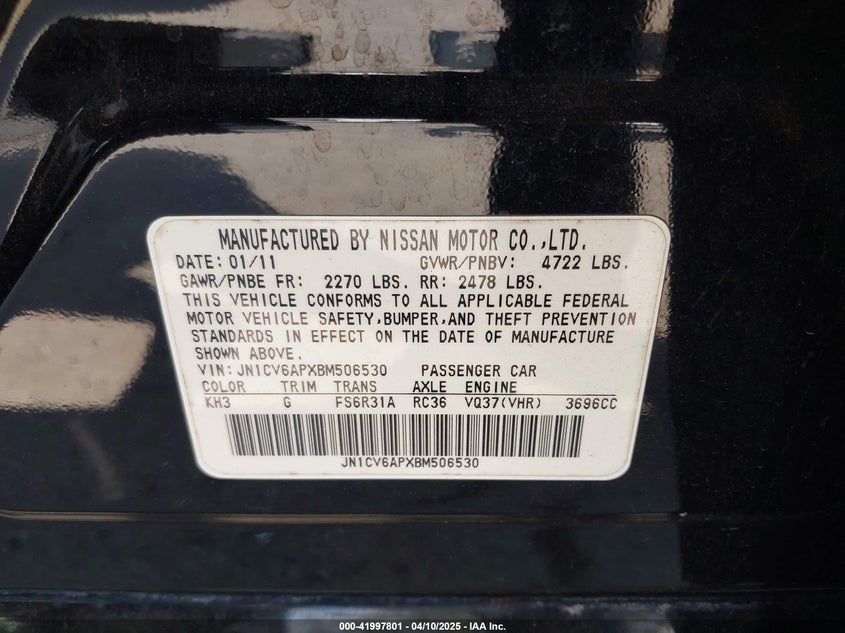 2011 INFINITI G37 VIN: JN1CV6APXBM506530