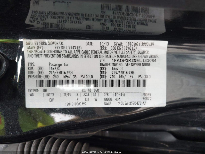 2014 FORD FOCUS VIN: 1FADP3K20EL183084