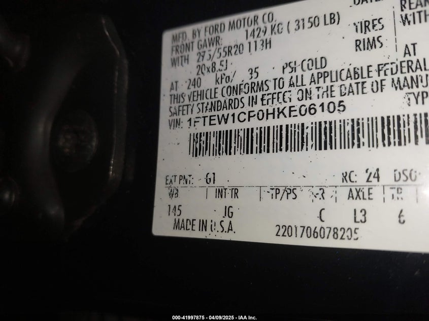 2017 FORD F150 VIN: 1FTEW1CP0HKE06105