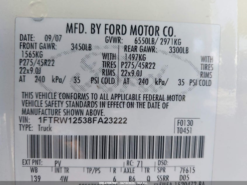 2008 FORD F-150 VIN: 1FTRW12538FA23222