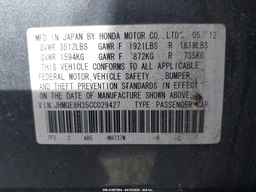 2012 HONDA FIT VIN: JHMGE8H35CC029427
