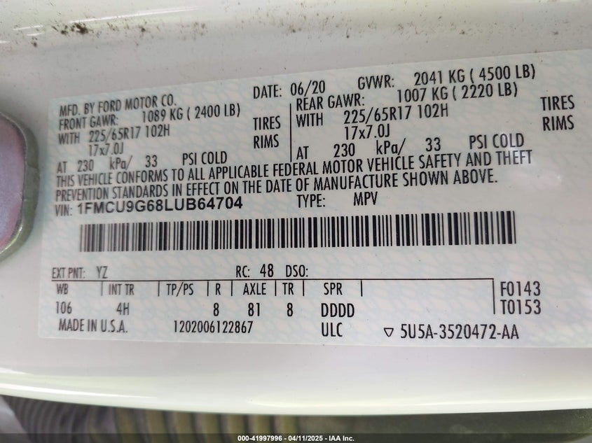 VIN 1FMCU9G68LUB64704 2020 FORD ESCAPE SE
