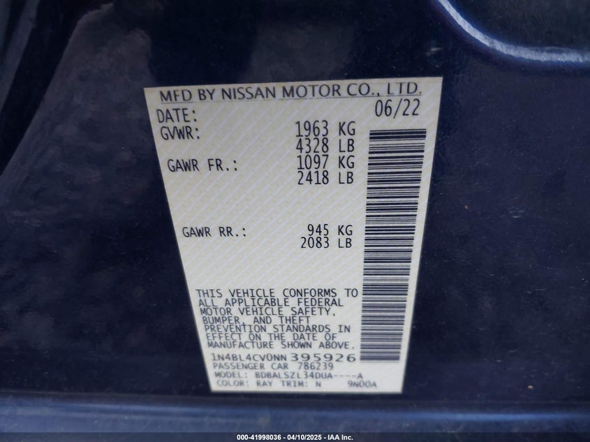 2022 NISSAN ALTIMA VIN: 1N4BL4CV0NN395926