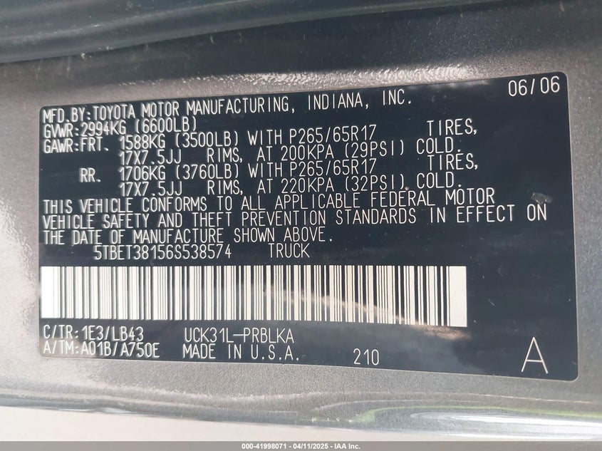 2006 TOYOTA TUNDRA VIN: 5TBET38156S538574