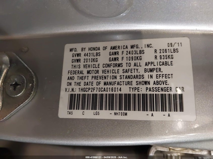2012 HONDA ACCORD VIN: 1HGCP2F70CA016014